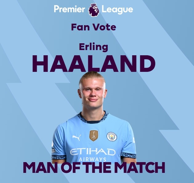 打進(jìn)致勝球！英超官方：哈蘭德當(dāng)選曼城1-0熱刺全場最佳球員