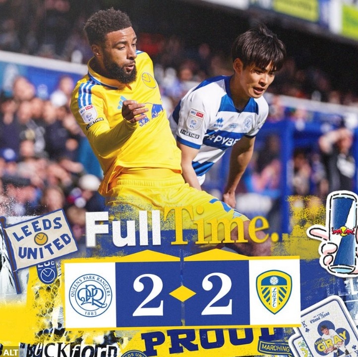 英冠榜首利茲聯(lián)連追兩球2-2戰(zhàn)平QPR，近4輪僅1勝領(lǐng)先優(yōu)勢縮小