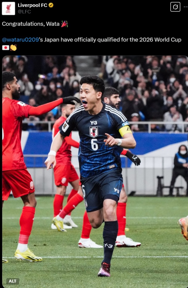 利物浦官推曬遠藤航照片，祝賀其隨日本隊提前晉級世界杯