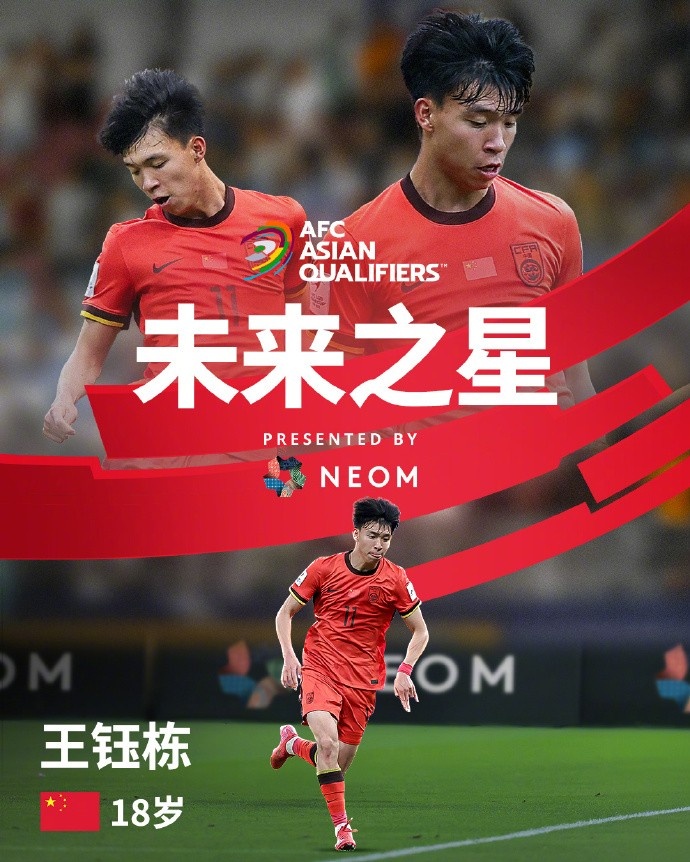 亞洲杯官方社媒發(fā)布王鈺棟個人海報：青年軍的旗幟，飄揚在前哨
